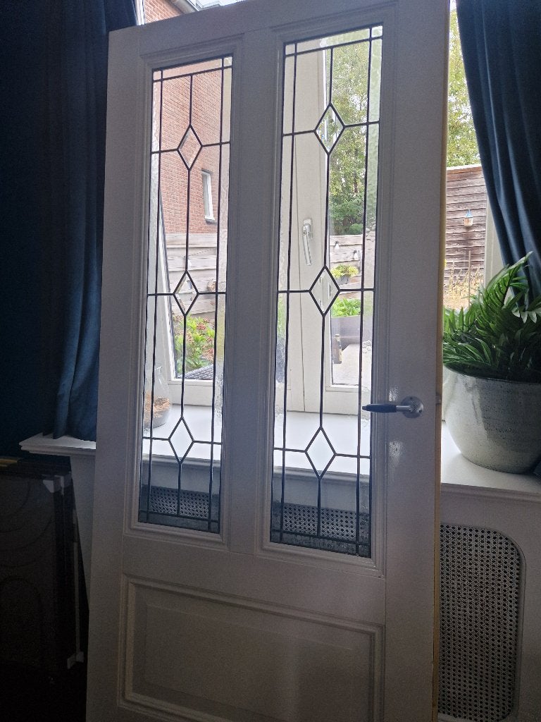 Massieve opdek binnendeur met glas in lood, Ophalen, 80 tot 100 cm, Binnendeur, Zo goed als nieuw