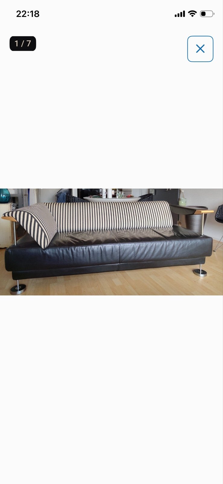 Design bank Castelijn - Zwart leer met gestreepte kussens, Gebruikt, 150 tot 200 cm, Driepersoons, Ophalen of Verzenden