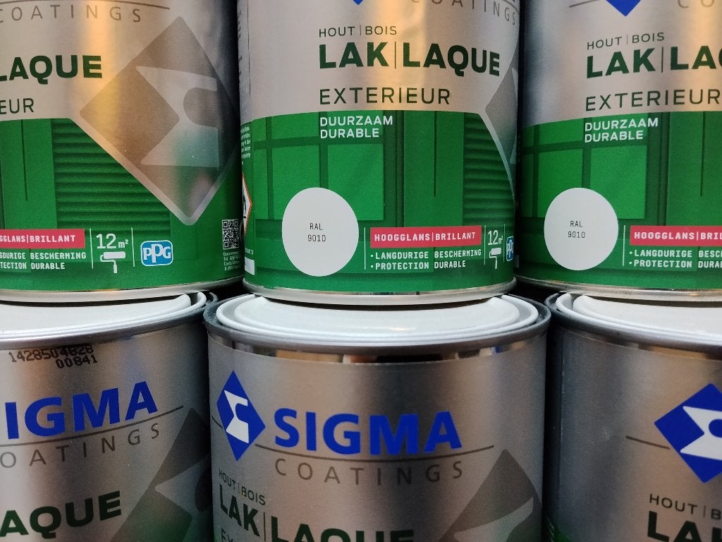 Sigma Exterieur hoogglans RAL 9010 (5 blikken van 0.75L), Doe-het-zelf en Verbouw, Verf, Beits en Lak, Ophalen, Wit, Nieuw, Lak