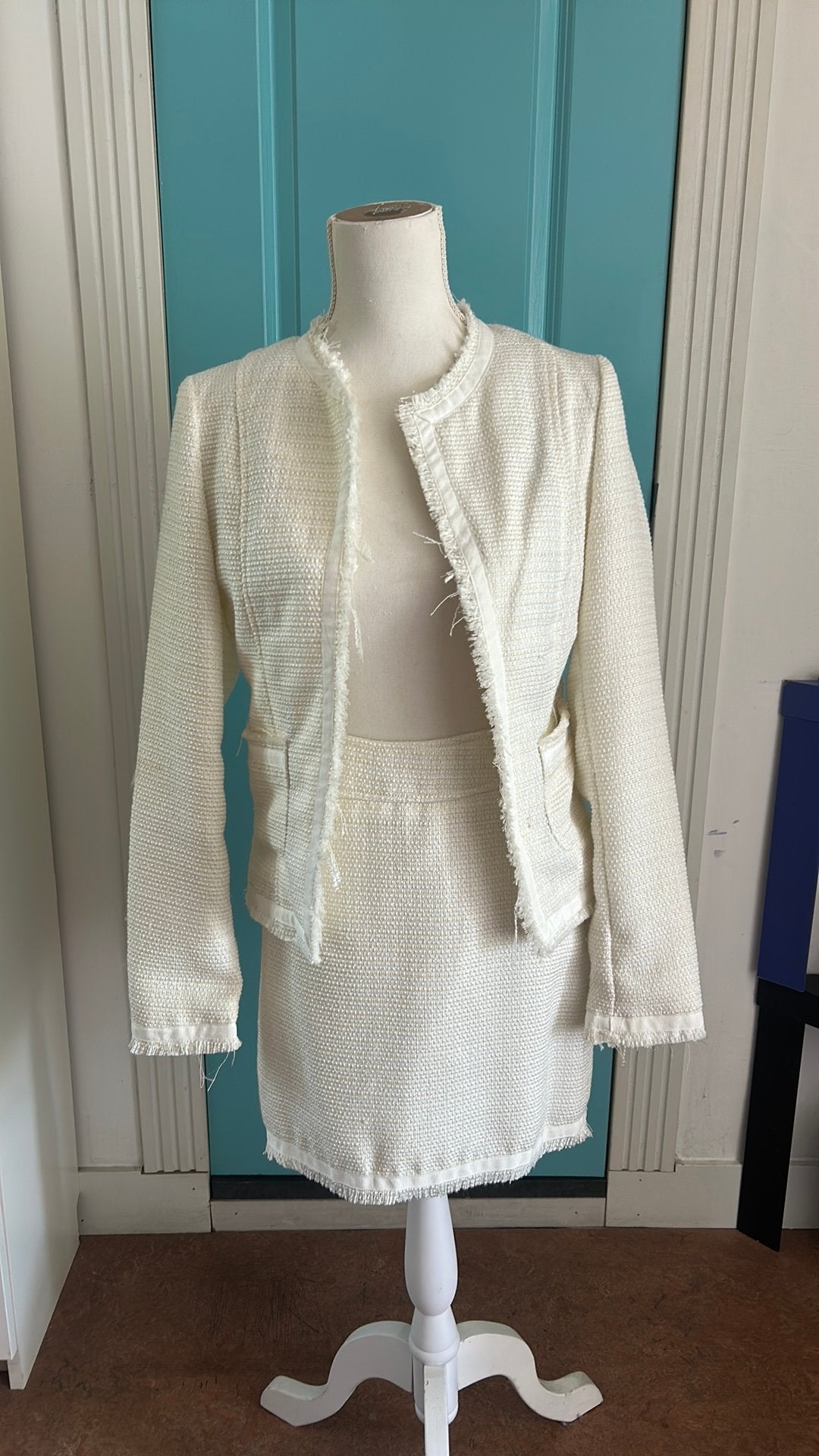 Vintage tweed jasje en rokje, maat M, Kleding | Dames, Maat 38/40 (M), Wit, Ophalen of Verzenden, Jasje