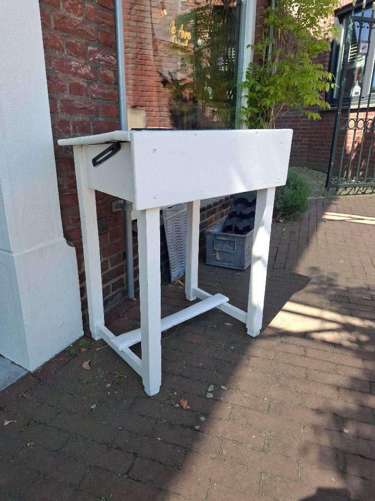 Mooi stevig brocante wit schoolbankje met klep, Ophalen