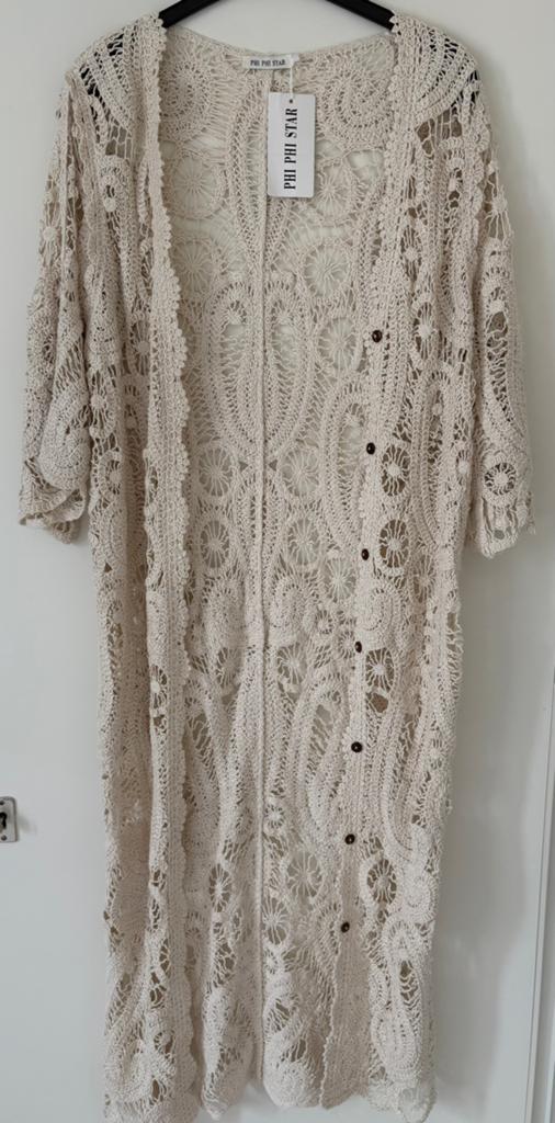 Nieuw lang open gehaakt vest Boho / hippie stijl, Ophalen of Verzenden, Beige