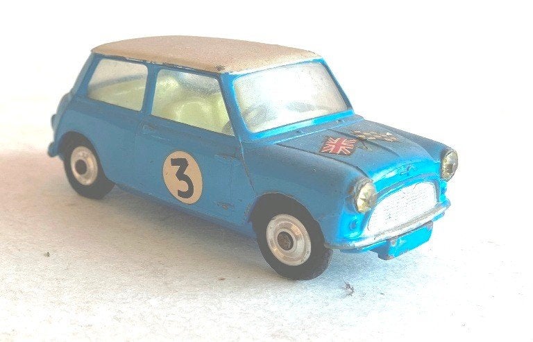 Mini Cooper competition blauw-wit dak Corgi # 227., Ophalen of Verzenden, Gebruikt, Auto, Corgi