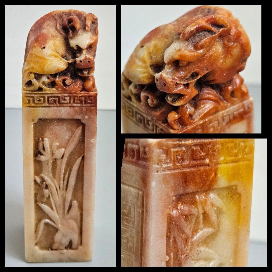 China, uit speksteen gesneden stempel of zegel met draak, Natuurlijk materiaal, Ophalen of Verzenden, China, Handgemaakt