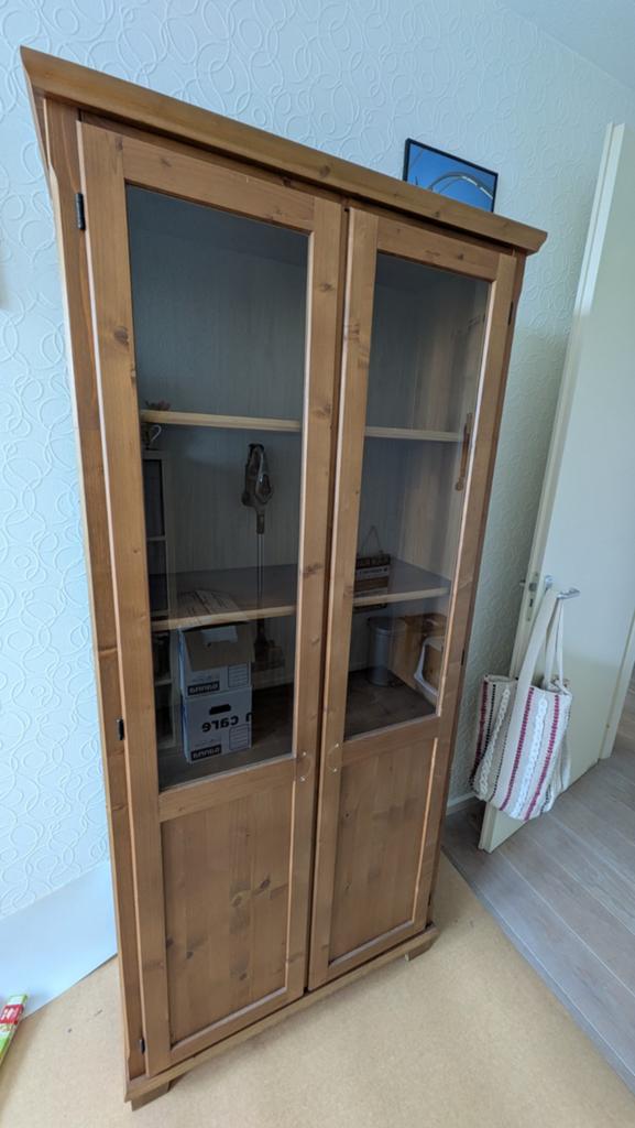 GRATIS | Grenen vitrinekast, Huis en Inrichting, Ophalen, 50 tot 100 cm, 25 tot 50 cm, Gebruikt
