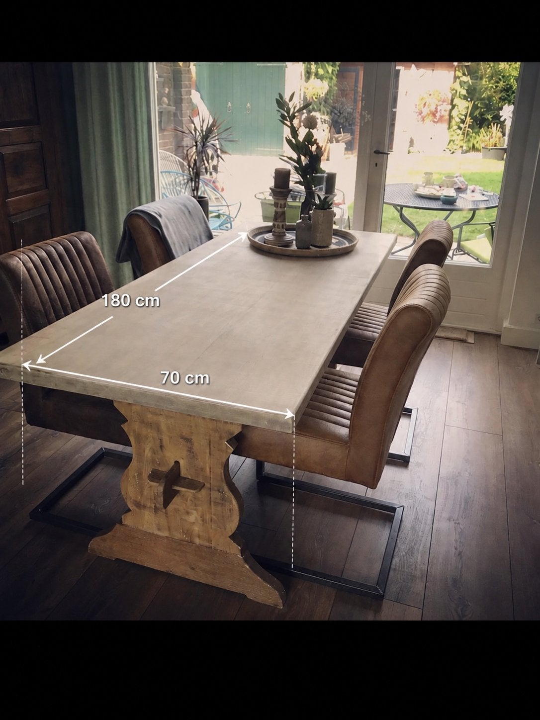 Robuuste klooster eettafel met houten onderstel., Ophalen, Gebruikt, 50 tot 100 cm, 150 tot 200 cm