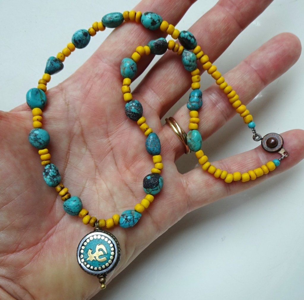Vintage Tibetaanse ketting: natuurlijke turquoise + om teken, Ophalen of Verzenden, Zilver, Ketting, Met edelsteen