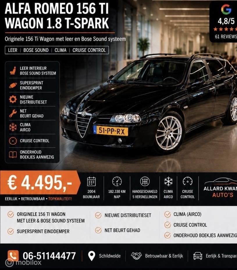 Alfa Romeo 156 Ti Wagon 1.8 TS 140pk/Apk 11-2027/Leer/Bose, Auto's, Voorwielaandrijving, Gebruikt, 4 cilinders, 1290 kg