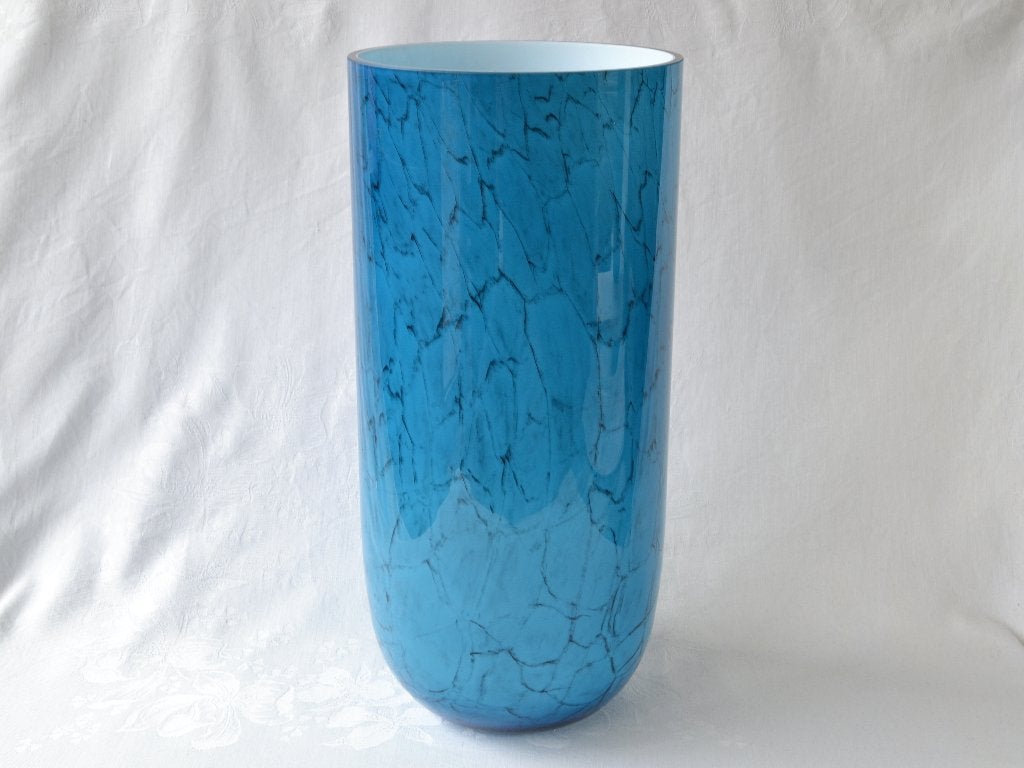 Grote blauw, glazen cilinder Vaas 42cm – Makora, Krosno glas, Glas, Vaas, Ophalen of Verzenden, 42 cm