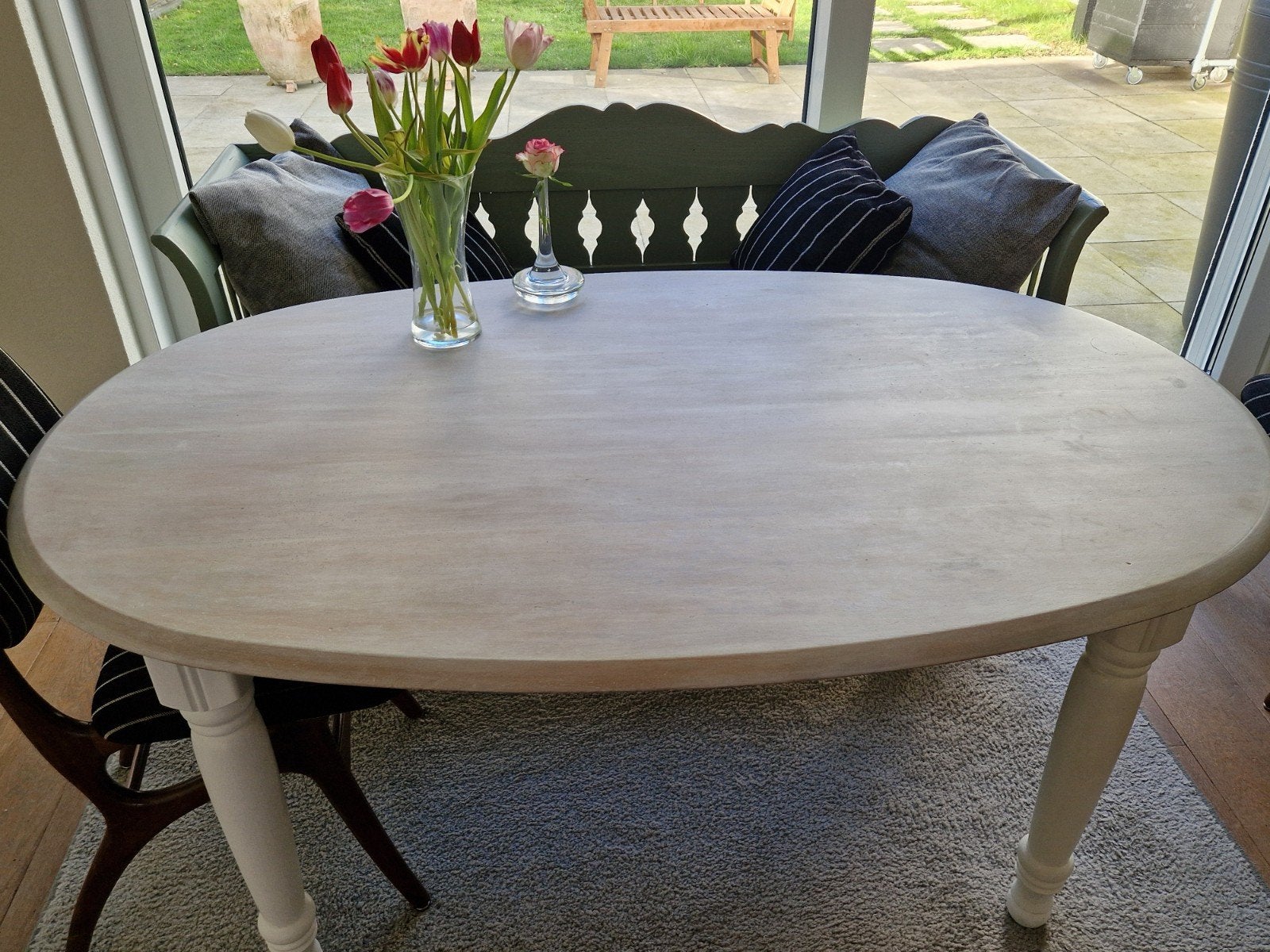 Leuke ovale eettafel met whitewash look (160x100x76), Ophalen, Gebruikt, 50 tot 100 cm, Vijf personen of meer