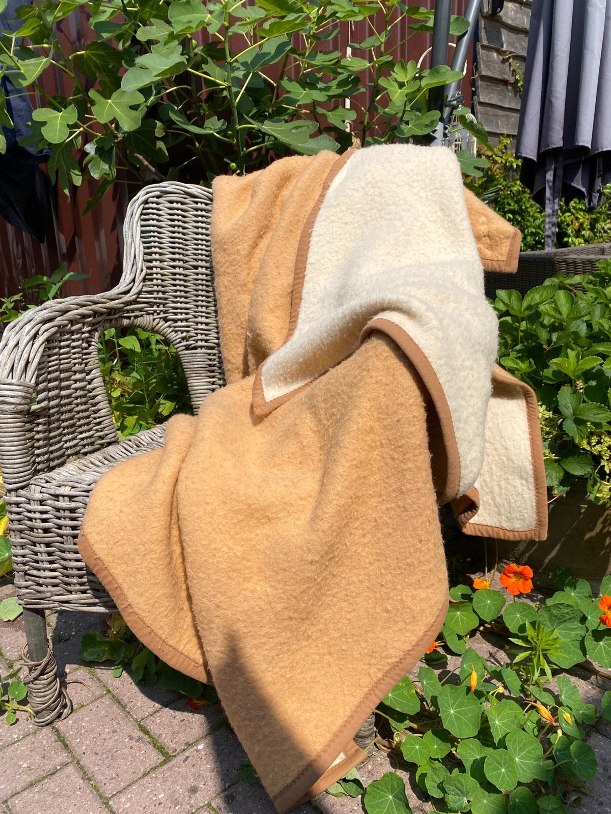 Prachtige vintage wollen deken creme/ bruin, Huis en Inrichting, Woonaccessoires | Plaids en Woondekens, Ophalen of Verzenden