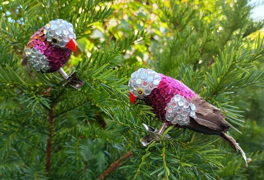 Twee vogel-ornamenten met clip voor in de kerstboom., Diversen, Ophalen of Verzenden, Zo goed als nieuw