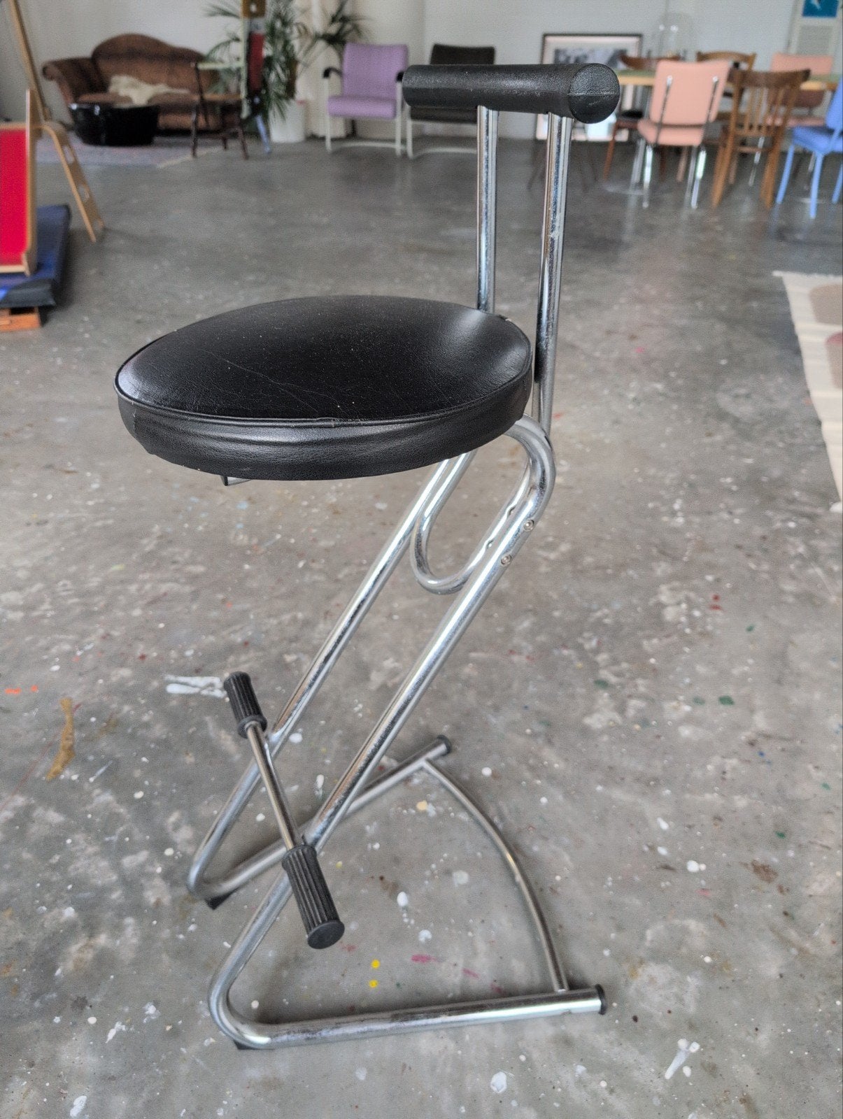 Vintage zwart leren + chroom barkruk, hoogte 100cm, Huis en Inrichting, Barkrukken, Ophalen, Gebruikt, Met voetsteun, Leer