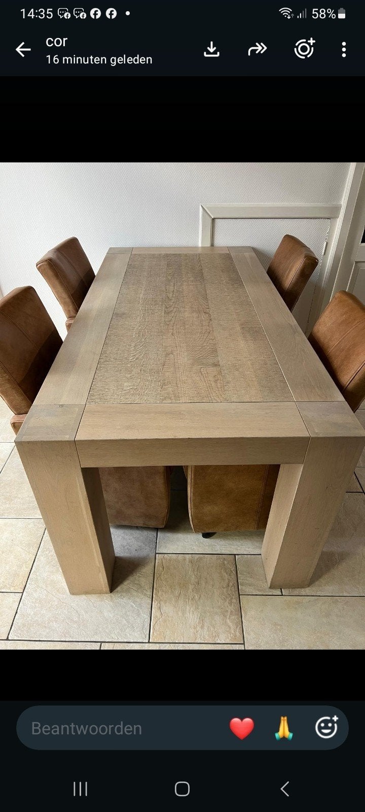 massief eiken eethoek White wash  met 4 leren stoe, Ophalen