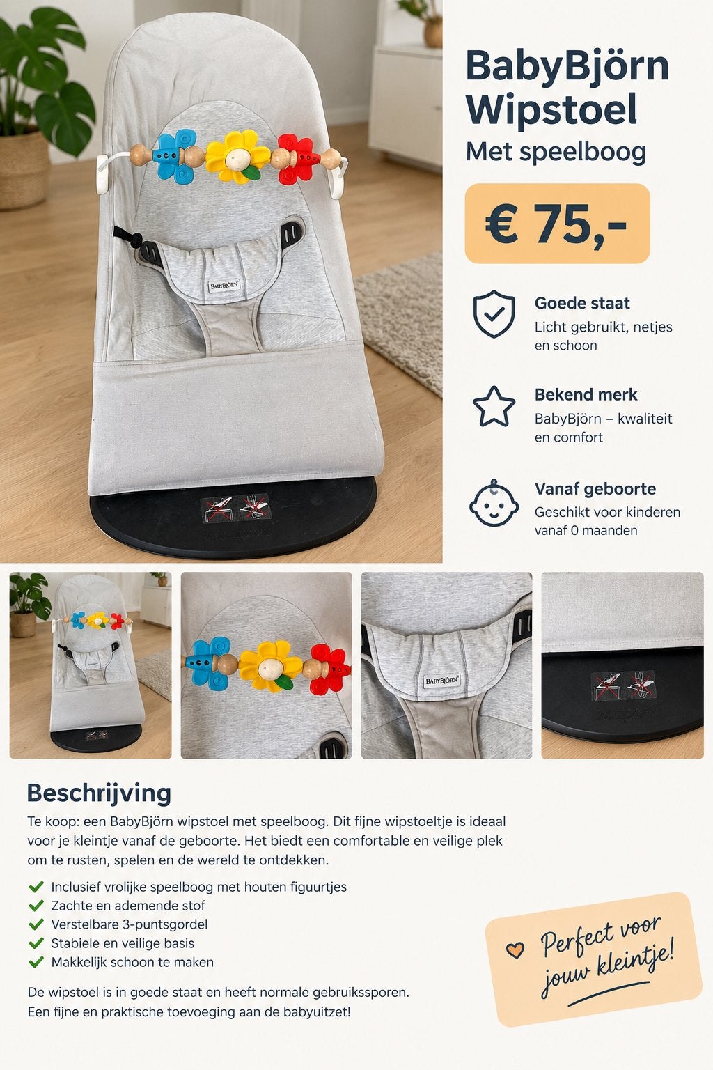 BabyBjörn Wipstoel met Speelboog - Zo goed als nieuw, Wipstoel, Ophalen, Overige merken, Met gordel(s) of riempje(s)