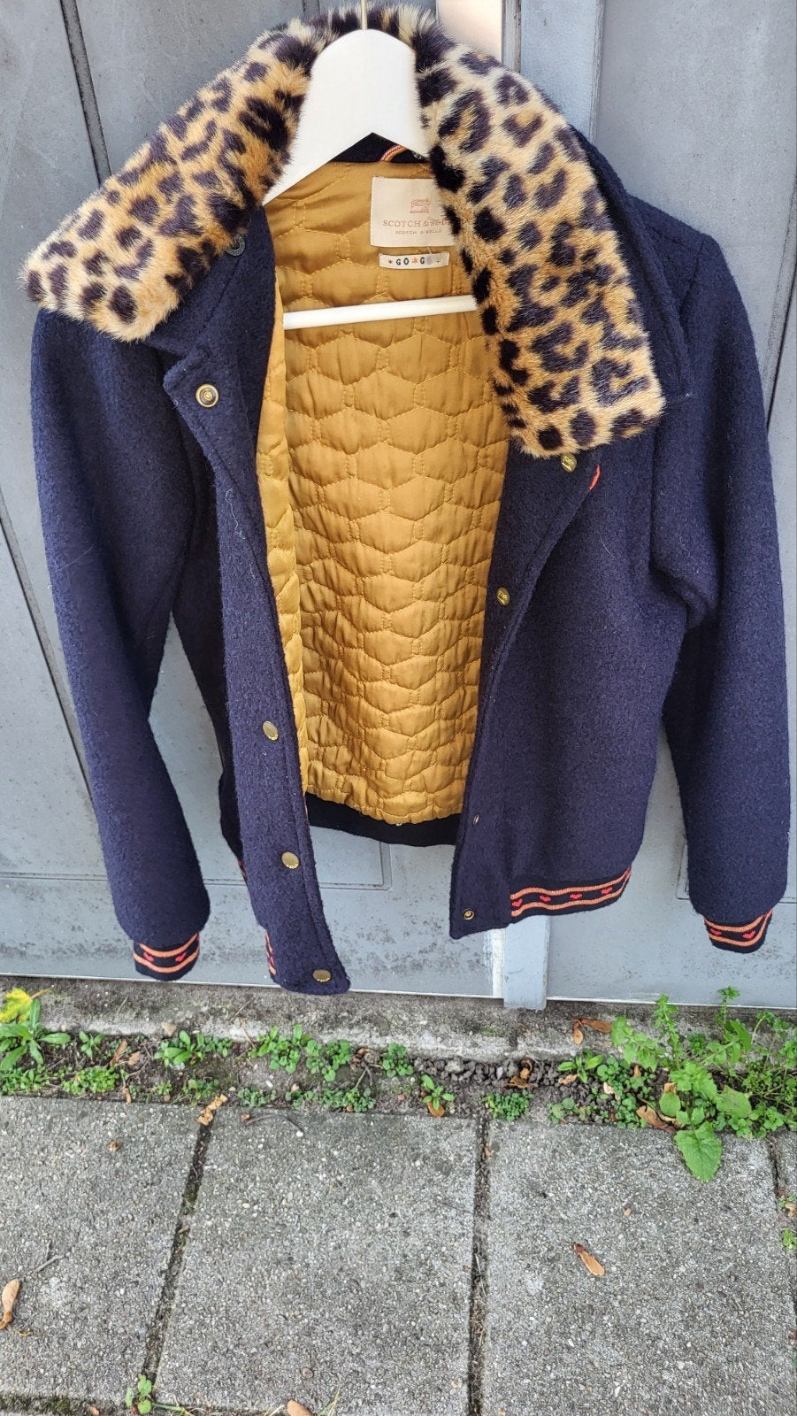 Scotch & Soda jas met luipaardkraag en 'Love R.B.' opdruk, Blauw, Scotch & Soda, Ophalen of Verzenden, Zo goed als nieuw