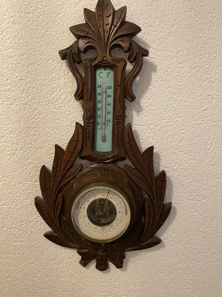 Antieke houten wandbarometer en thermometer, Ophalen, Zo goed als nieuw