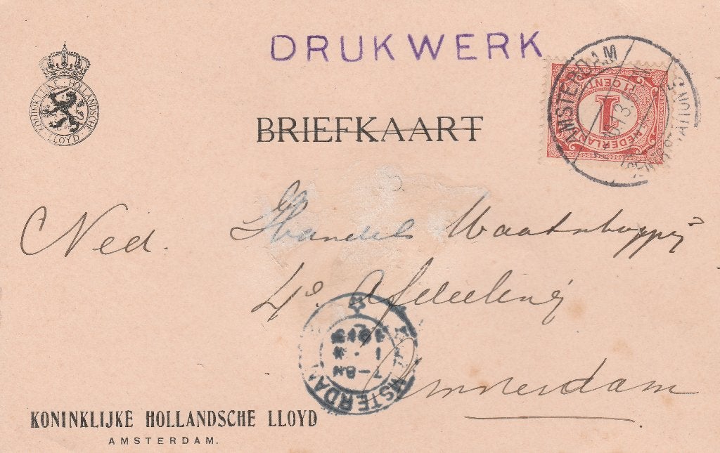 AMSTERDAM 1912 Kon. HOLLANDSCHE LLOYD vertrek s.s. FRISIA, Ophalen of Verzenden, Voor 1920, Gelopen, Noord-Holland