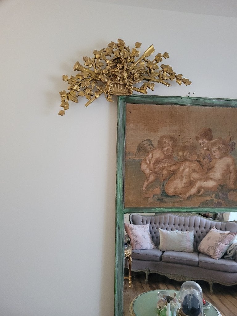 Zeer oude spiegel met gobelinstof engeltjes, Ophalen, Rechthoekig, 50 tot 100 cm, 100 tot 150 cm