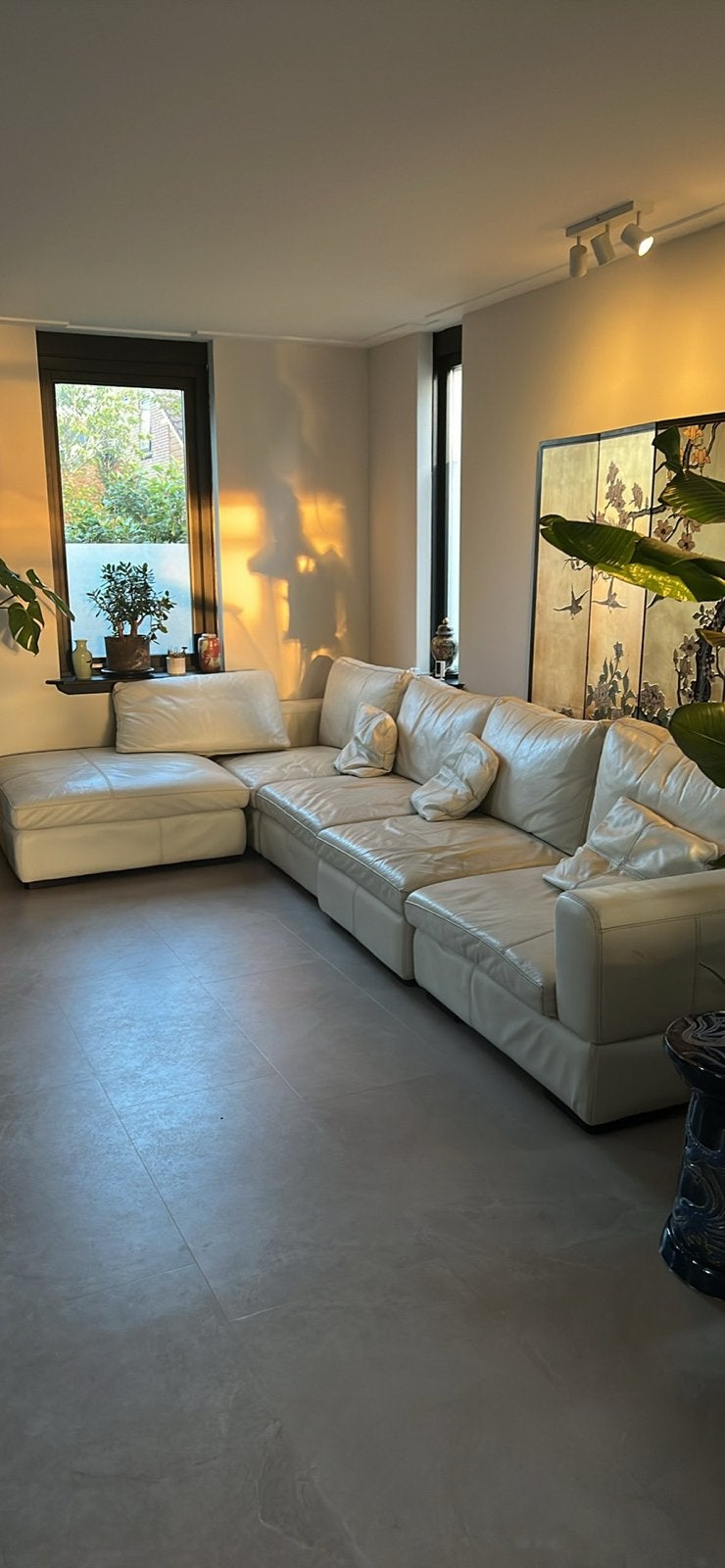 Crème leren bankstel - Modulair en comfortabel, Gebruikt, Hoekbank, 300 cm of meer, Ophalen of Verzenden