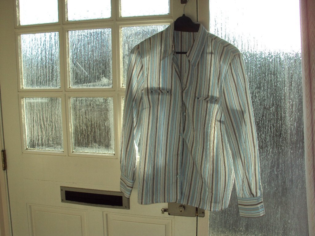 Klassieke wit bruin blauw gestreepte blouse ERFO 44/46 goed, Wit, Erfo, Maat 42/44 (L), Ophalen of Verzenden