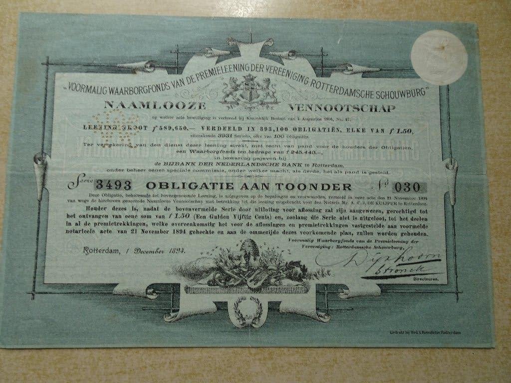 Premieleening der Vereniging "Rotterdamsche Schouwburg" 1894, Postzegels en Munten, Aandelen en Waardepapieren, Ophalen of Verzenden