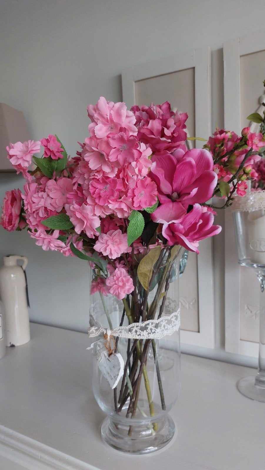 prachtig boeket kunstbloemen incl grot vaas 55 €, Ophalen, Zo goed als nieuw
