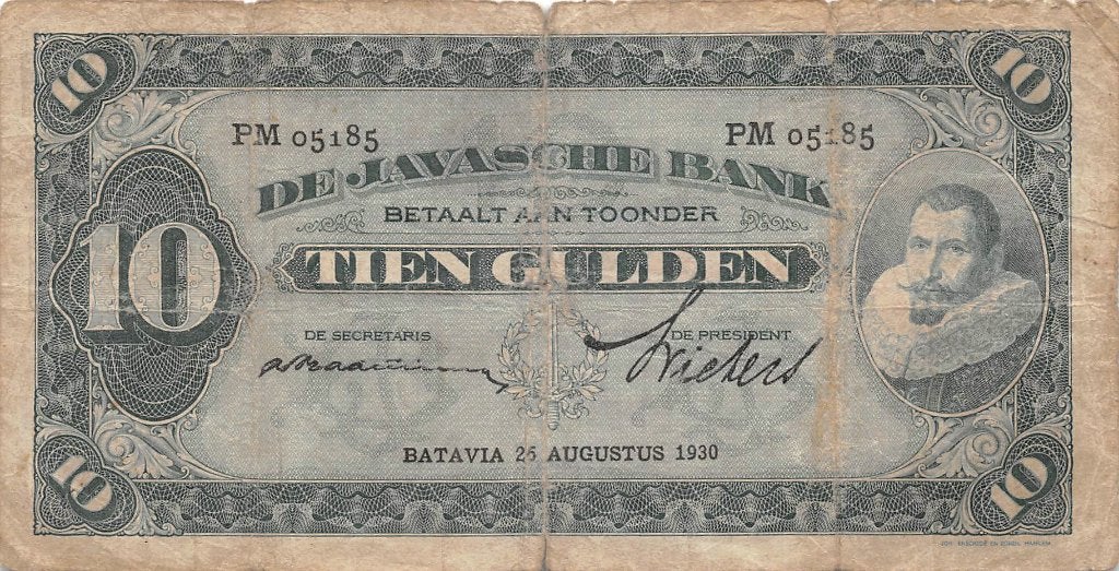 P-70d Nederlands Indië 10 Gulden 1930 Vg, Ophalen of Verzenden, 10 gulden, Los biljet