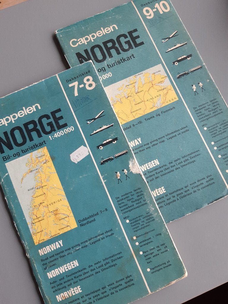 Noorwegen, wegenkaarten Cappelen, 2 stuks, 1973, € 3,=, Landkaart, 1800 tot 2000, Cappelen, Gelezen