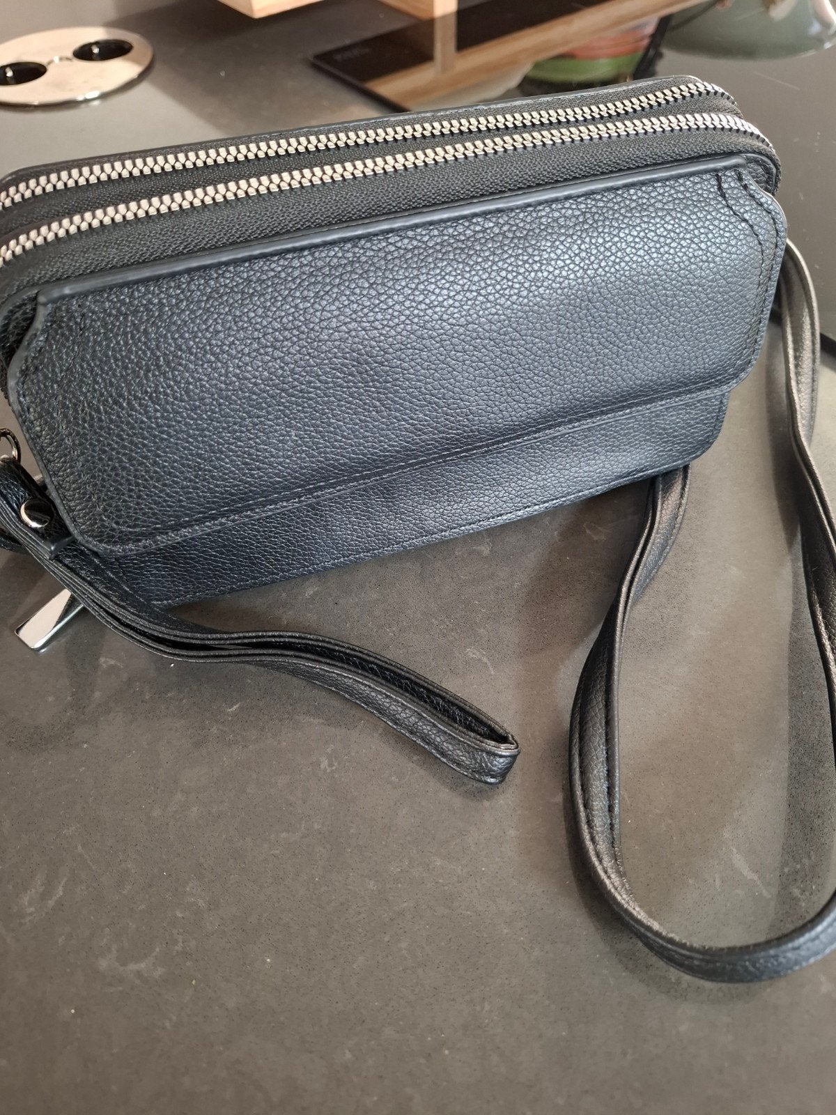 Zwarte portemonnee tas met dubbele rits en schouderband, Ophalen of Verzenden, Nieuw, Zwart, Overige merken