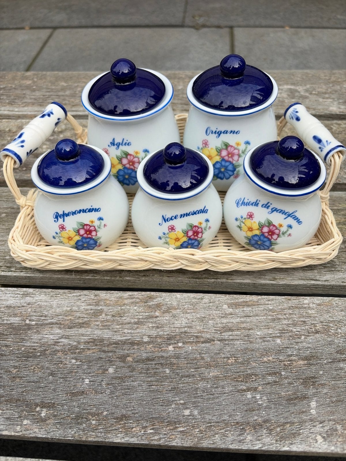 Vintage Kruidenpotjes Set met Dienblad - Italiaanse Stijl, Ophalen, Zo goed als nieuw, Voorraadpot, Steen/keramiek