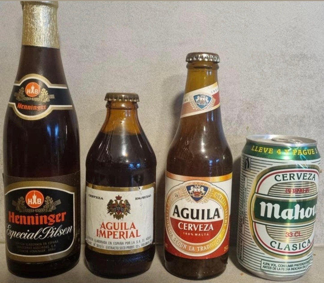 Vintage Spanje: Henninger ~'84, Águila '81 & '95 & Mahou '96, Ophalen of Verzenden, Zo goed als nieuw, Flesje(s), Overige merken