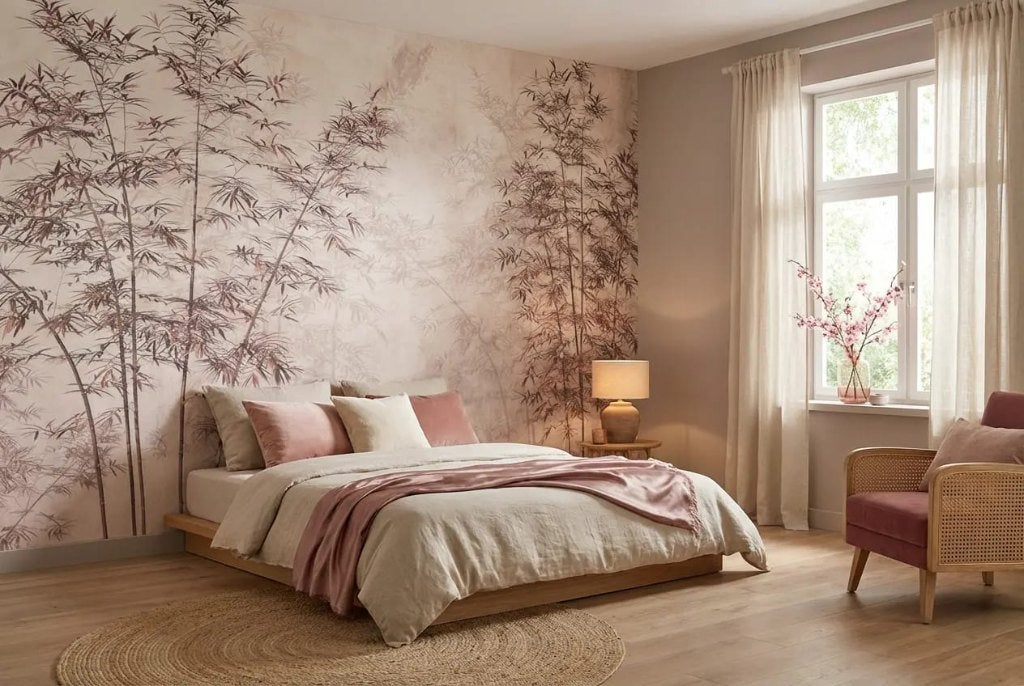 Bamboe behang slaapkamer – beige nevel op maat, Bladeren, Meerkleurig, Natuurlijk, Overige merken
