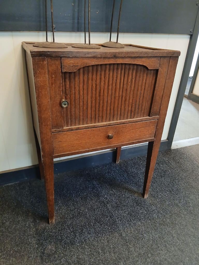 Vintage eikenhouten kastje met rolluik en lade, Ophalen