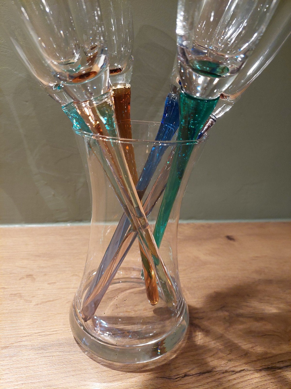 Champagneset - 6 glazen in houder met gekleurde steel, Huis en Inrichting, Ophalen of Verzenden, Zo goed als nieuw, Meerkleurig