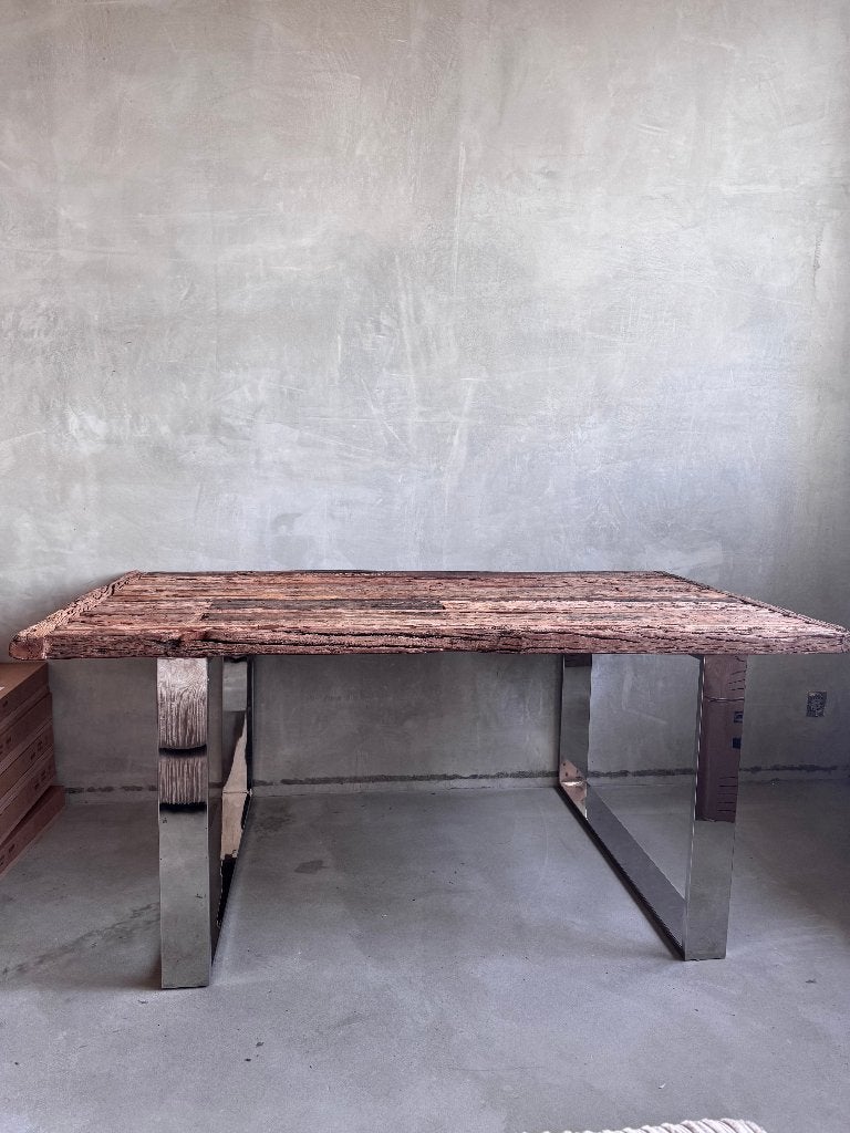 Industriële Eettafel Dik Houten Blad | RVS|Hout Design Tafel, Huis en Inrichting, Tafels | Eettafels, Ophalen, 50 tot 100 cm, Zo goed als nieuw