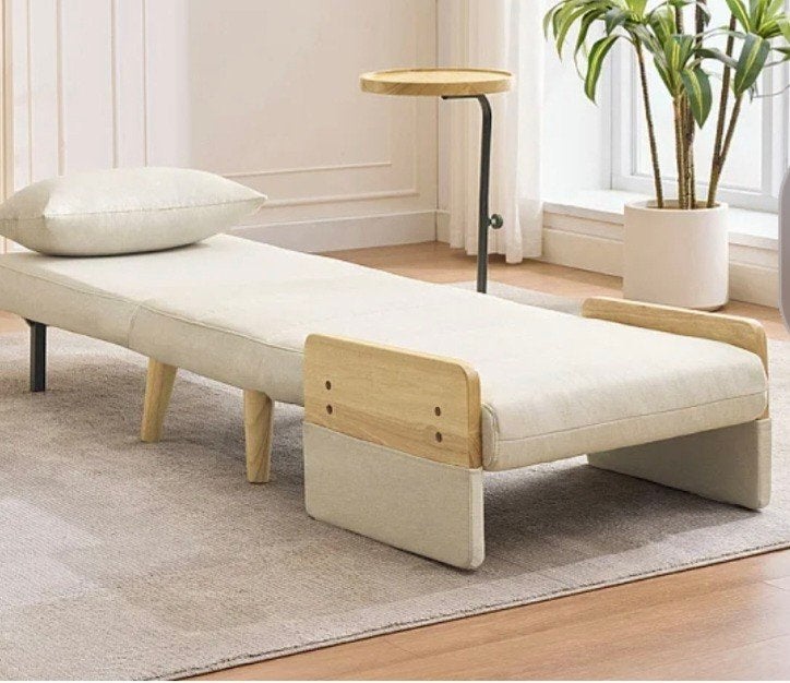Comfortabele slaapstoel slaapbank met bijzettafel - Beige, Huis en Inrichting, Ophalen, Hout, Overige kleuren, Modern, Scandinavisch, Multifunctioneel