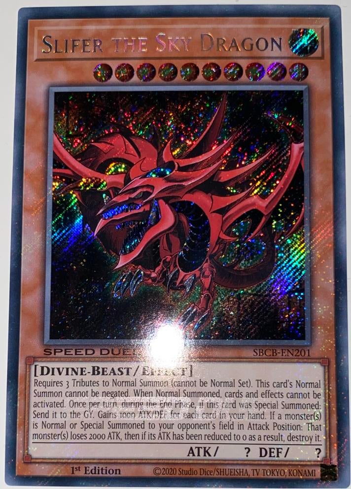 Yu-Gi-Oh! Slifer the Sky Dragon SBCB 1st Edition !, Ophalen of Verzenden, Zo goed als nieuw, Losse kaart, Foil