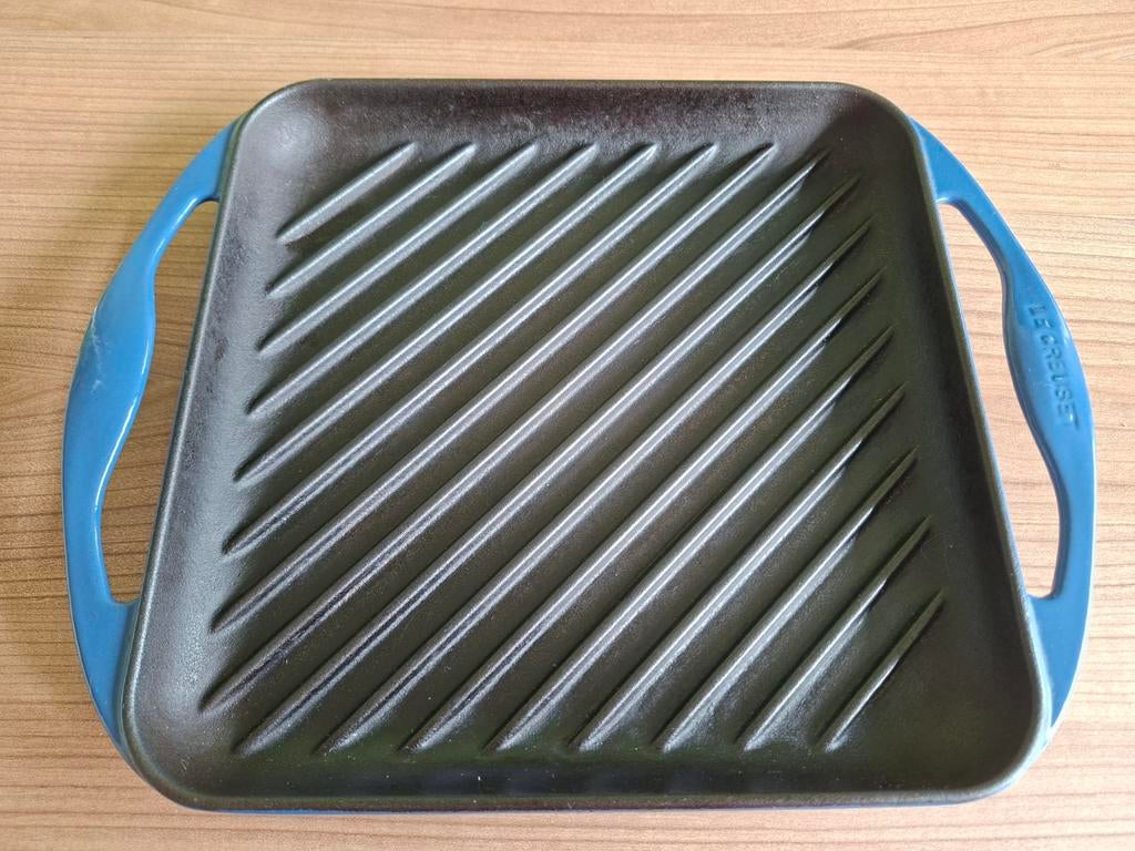 Le Creuset Grillpan - Blauw Gietijzer, Ophalen of Verzenden, Gebruikt, Gietijzer, Koekenpan of Braadpan
