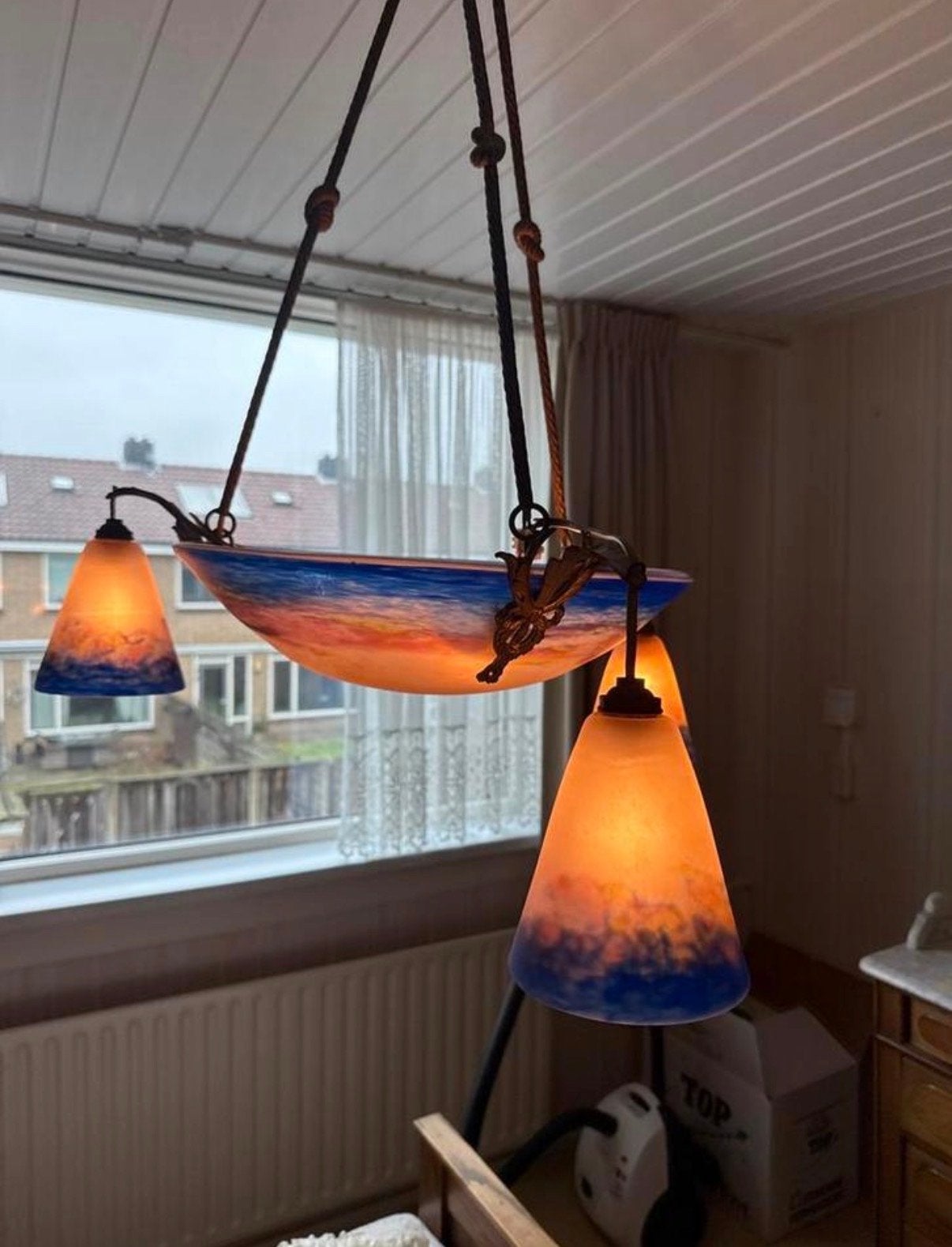 Prachtige Art Deco degue hanglamp met maritiem thema, Antiek en Kunst, Ophalen