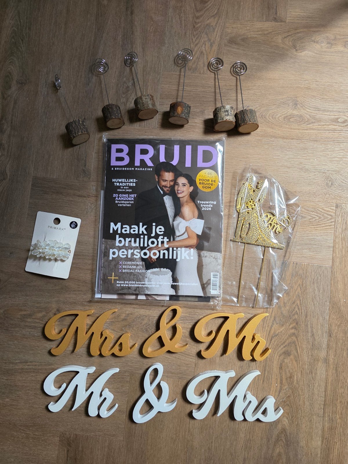 Trouwaccessoires: Mr & Mrs, kaarthouders, haarclip, BRUID, Ophalen of Verzenden