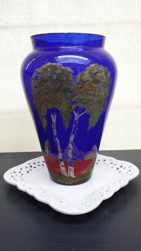 Grote VAAS van BLAUW Glas ~ met Handgeschilderde BERKENBOMEN, Blauw, 25 cm, Ophalen of Verzenden, Glas