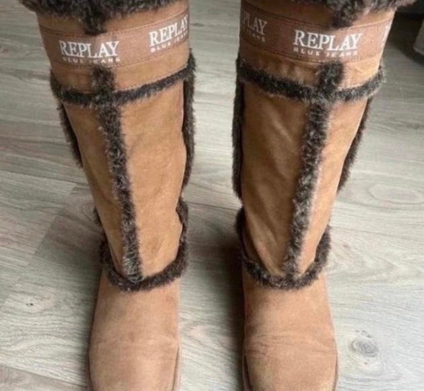 Replay Blue Jeans hoge laarzen met bont, Hoge laarzen, Bruin, Nieuw, Ophalen of Verzenden