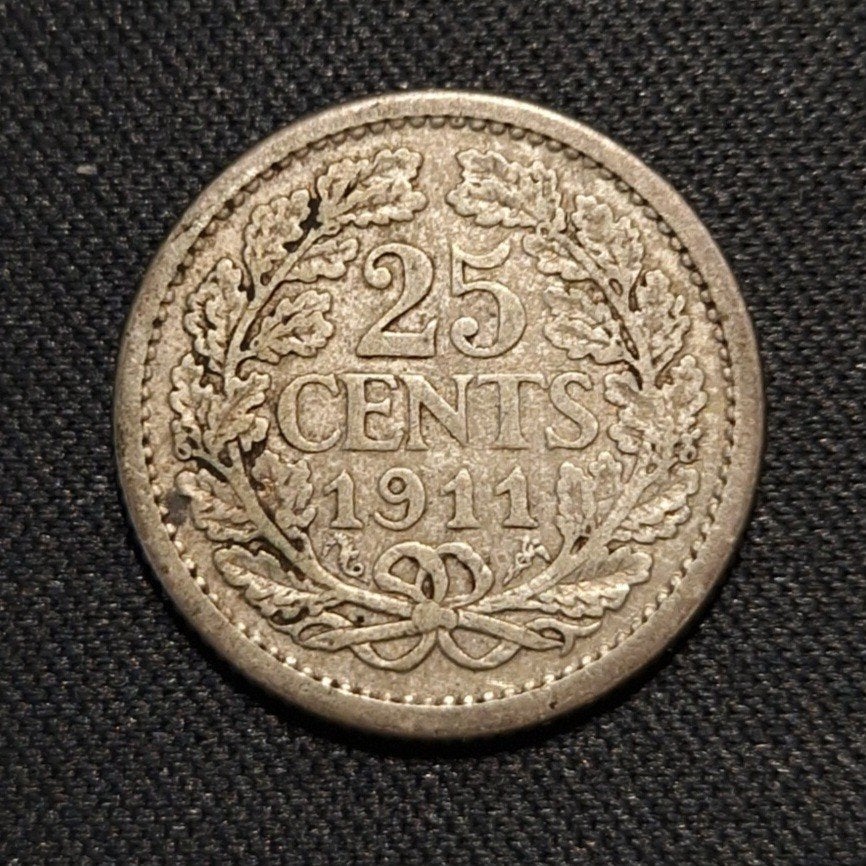 25 cent 1911, Postzegels en Munten, Munten | Nederland, Verzenden, Zilver, 25 cent, Koningin Wilhelmina