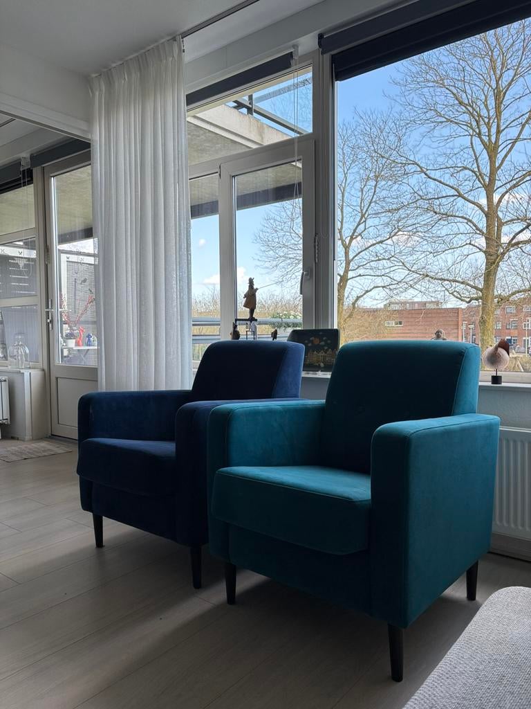 Fauteuil 2x fluweel modern 2 soorten blauw, Ophalen, Modern, hip, gedurfd, 75 tot 100 cm, Zo goed als nieuw