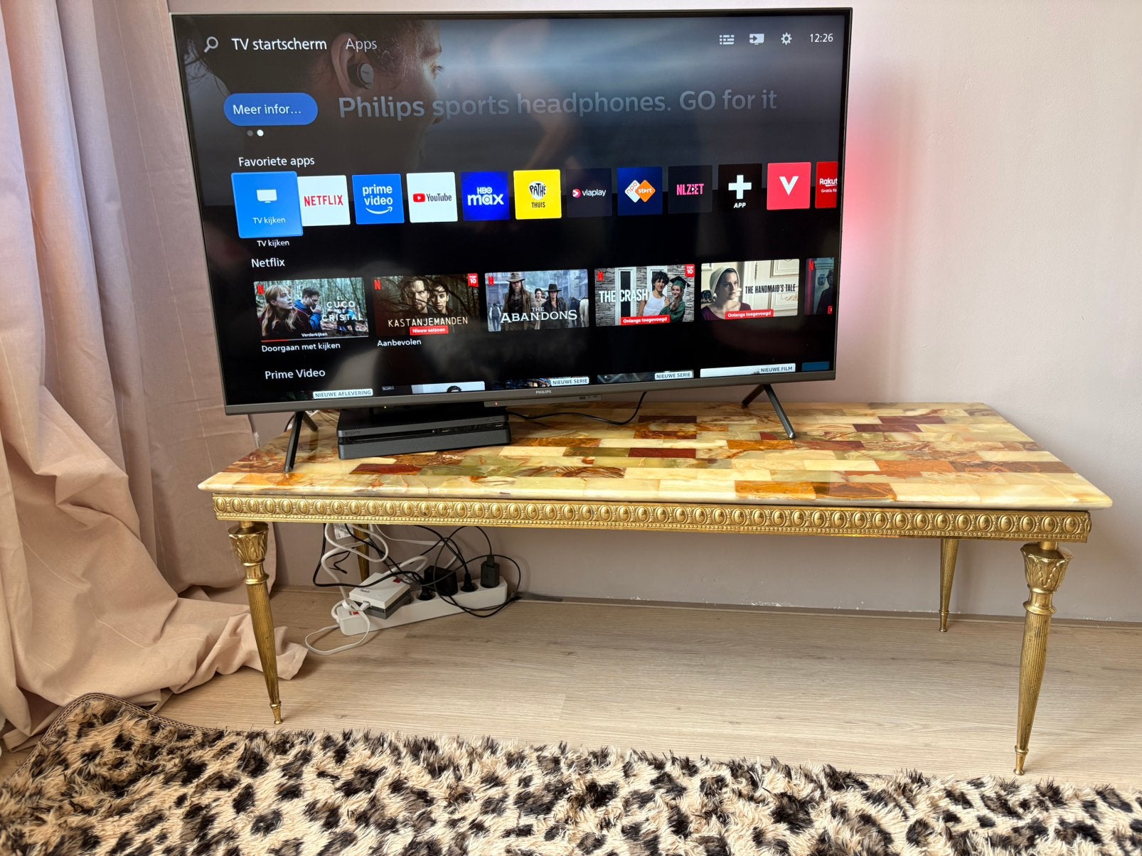 Vintage tafel onyxblad goudkleur onderstel jaren 70 Regency, Ophalen, Gebruikt, 100 tot 150 cm, 50 tot 100 cm