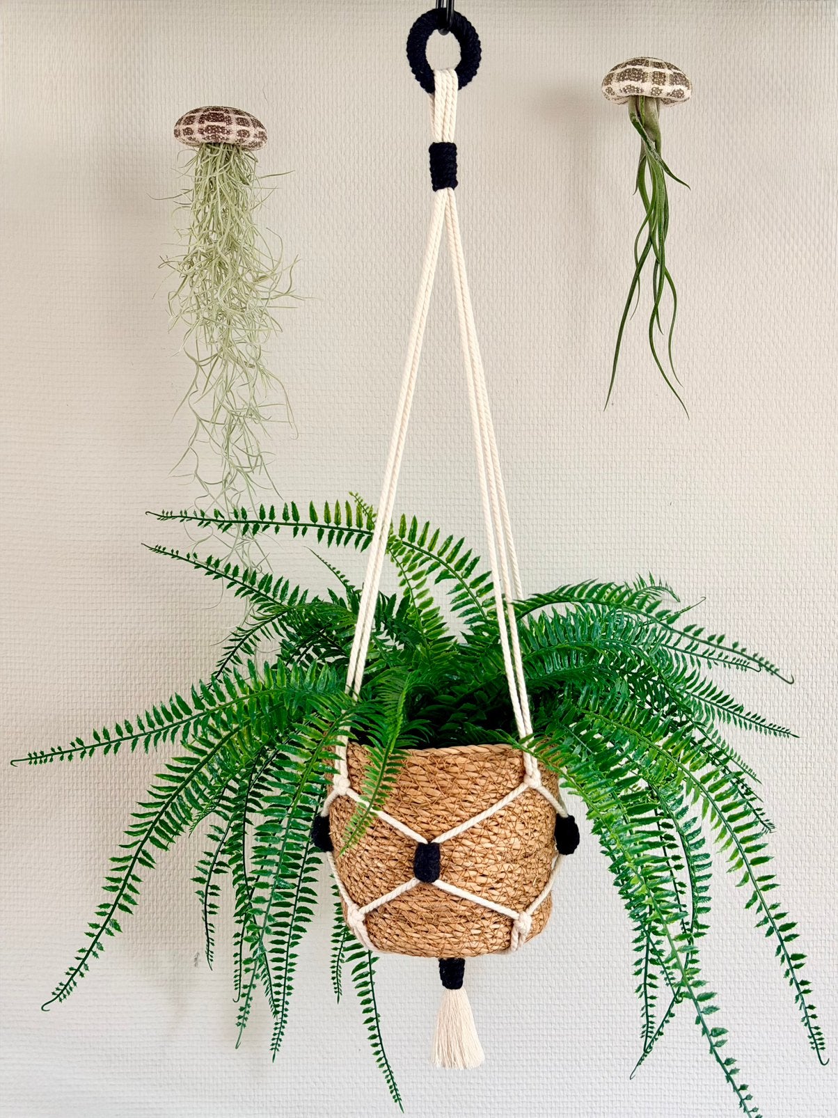 Handgemaakte macramé plantenhanger - ecru/zwart, 79 cm, Zwart, Textiel, Ophalen of Verzenden