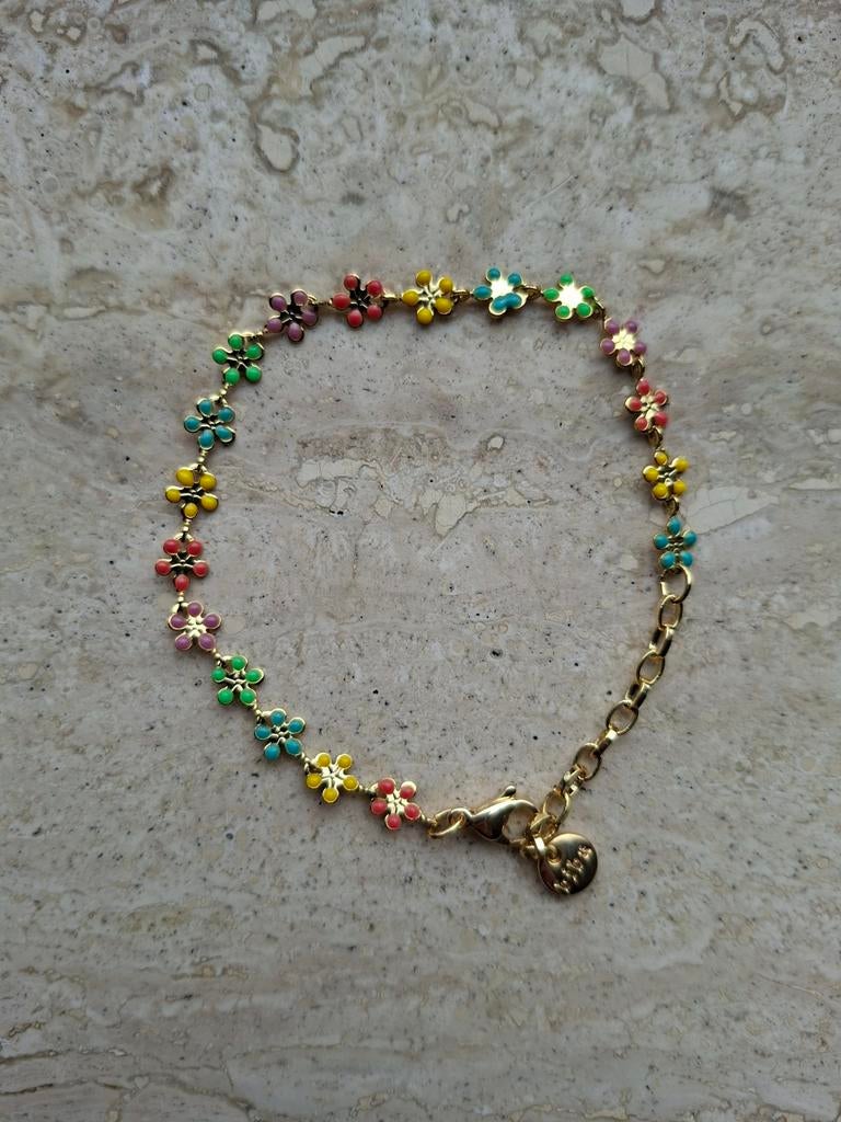 Biba gekleurde bloemetjes armbandje goud 4 euro nieuw, Staal, Nieuw, Ophalen of Verzenden, Met bedels of kralen