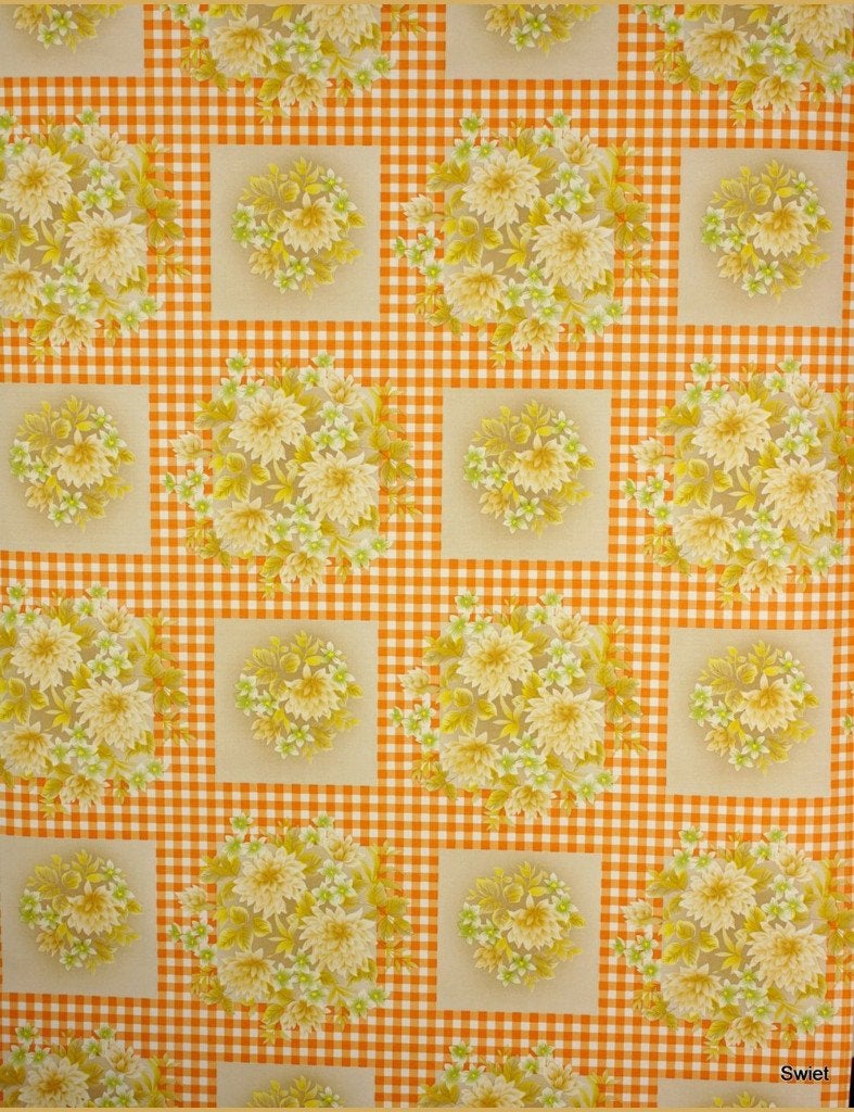 4728 Vintage behang oranje ruit bloemen 70s keuken swiet, Verzenden, Oranje