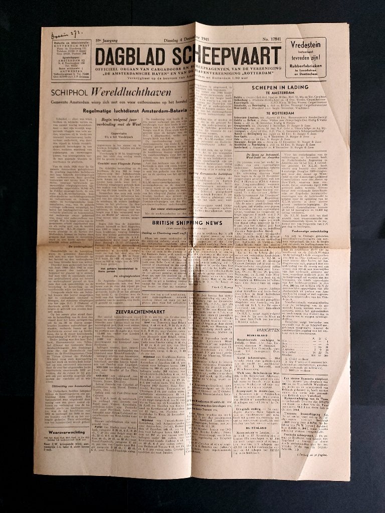 Dagblad Scheepvaart met verhaal Schiphol uit 1945 (SC194), Verzamelen, Ophalen of Verzenden, Gebruikt, Boek of Tijdschrift